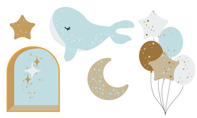 Doodle design elements set whale, balloon, star, shine, moon, houses,  window, pom-poms, clouds. Childish boho clipart. Vector illustration
