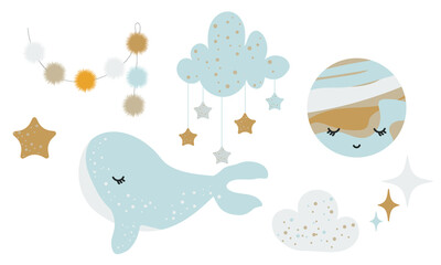 Doodle design elements set whale, balloon, star, shine, moon, houses,  window, pom-poms, clouds. Childish boho clipart. Vector illustration
