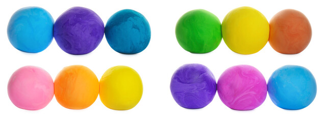 Set with different colorful play dough on white background. Banner design