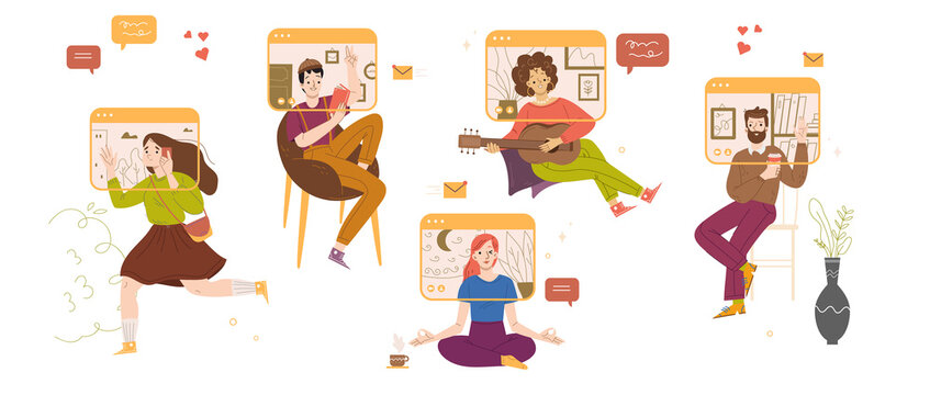 People video chat, virtual online conference, computer screens with characters meditate, playing guitar, read, drink coffee. Friends distant communication, Linear cartoon flat vector illustration