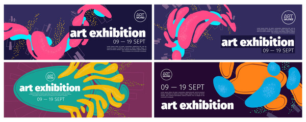 Art exhibition banners set, invitation to modern exposition. Abstract background, modern acrylic paints design, invite in art deco style with colorful painting stains or grunge elements, Vector flyers