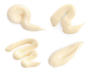 Set with tasty mayonnaise on white background, top view