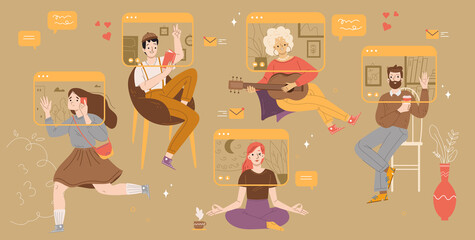Online video conference with family or team. Vector flat illustration of virtual chat, internet call with people on screens. Grandma play on guitar, woman do yoga, girl walk with phone, man read book