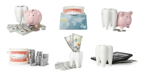 Set with educational dental models and money on white background, banner design. Expensive teeth treatment