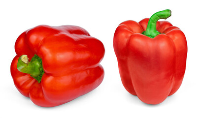 Two ripe sweet bell red peppers isolated on white background.