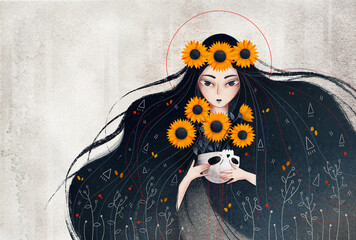 Ukrainian woman with sunflowers, the national flower of Ukraine. Concept art, illustration for print, poster with copy space - obrazy, fototapety, plakaty