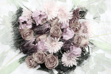 mix flowers with tulips,roses and gerberas in pencil drawing style