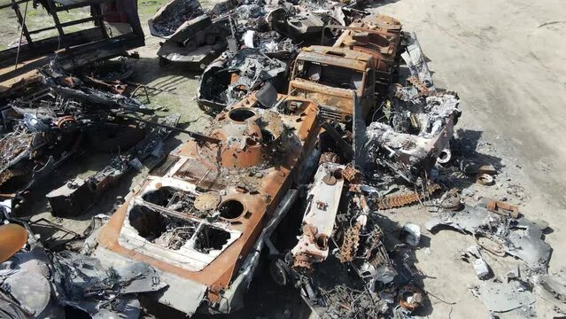 Bucha, kyiv, Ukraine 01.04.2022 The streets of bucha in Ukraine are full of Russian tanks that were destroyed by the Ukrainian army during clashes earlier in the war
