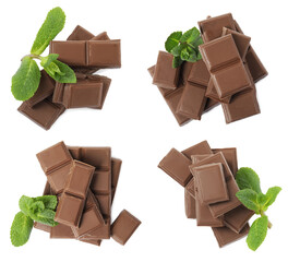 Set with tasty dark chocolate and mint on white background, top view