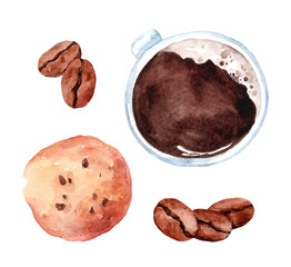 Coffee beans, a cup of espresso, chocolate chip cookies. Set of watercolor illustrations. Breakfast, coffee shop.