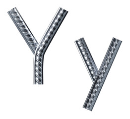 Letter y. font from construction rebar. 3D render