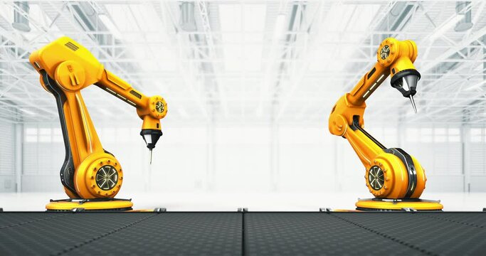 Two working robotic hands with moving conveyor belt at modern autonomous factory. Industrial mass production as 4K loop video background.