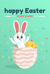 Happy Easter vector card with egg, hare and chicken