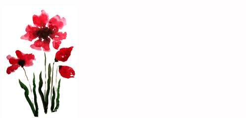 banner bouquet di fiori rossi con boccioli, illustrazione ad acquerello isolata su sfondo bianco