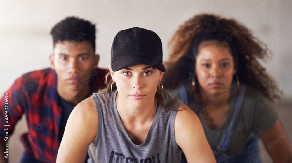 Poster we spend hours practising to perfection. portrait of a young diverse group of dancers performing a r