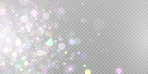 Sparkling glare light effects with colorful shimmer. Beautiful lens flare effect with bokeh, glittery particles and rays. Shining abstract background. Vector illustration - obrazy, fototapety, plakaty