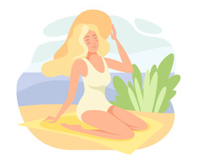 Blond Woman in Swimsuit and Straw Hat Sitting on Blanket on Sandy Beach and Sunbathing in Hot Summer Day Vector Illustration