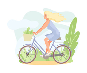 Blond Woman in Blue Dress Riding Bicycle with Basket in Hot Summer Day Vector Illustration