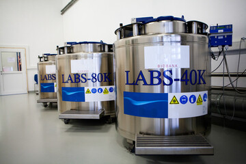 Nitrogen tanks to store stem cells from blood and umbilical cord. - obrazy, fototapety, plakaty
