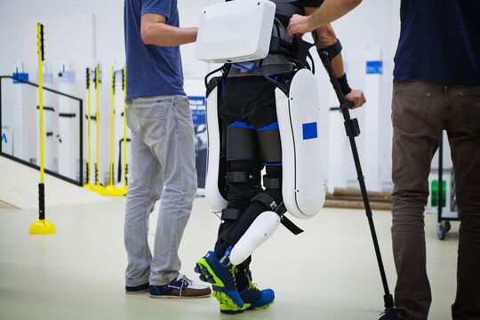 Exoskeleton for the rehabilitation and training of a paraplegic.