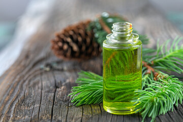 Close up of a bottle of pine essential oil lying on a wooden board.