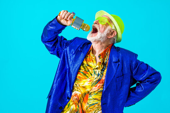 Cool Senior Man With Fashionable Outfit Portrait - Funny Old Male Person With Cool And Playful Attitude On Colorful Background