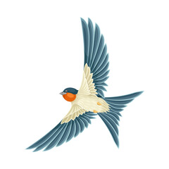 Swallow or Martin Passerine Bird with Long Tail and Pointed Wings Flying or Gliding Vector Illustration