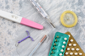 Close-up of IUDs birth control pills and other means of contraception.