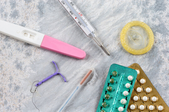 Close-up of IUDs birth control pills and other means of contraception.