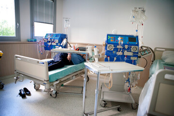 Hemodialysis room in the nephrology department of a day hospital.