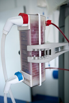 Hemodialysis dialyzer in the nephrology department of a day hospital.