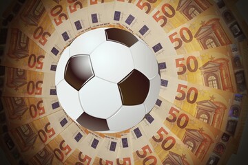 Soccer ball in the middle of European banknotes.