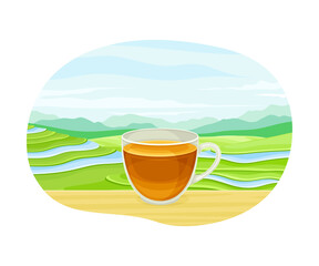 Tea Green Terrace Field Plantation and Glass Cup with Hot Aromatic Beverage Brewing Vector Illustration