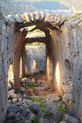 Ruins of Byzantine gallery between churches on Gemiler Island, Turkey.