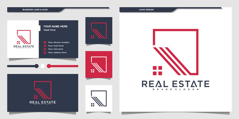 Logo design for real estate with minimalist building line art style and businnes card Premium vektor