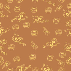Cute seamless pattern on brown background with delicious donuts. Hand drawn yummy donuts. Texture for scrapbooking, wrapping paper, invitations. Vector illustration.
