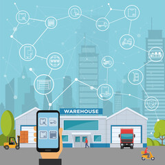 Smart logistics and transportation concept. The man from the smartphone manages all delivery processes and warehouse.