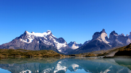 Torres del Paine National Park, mountains reflected on Lake Pehoe, Patagonia, Chile.
