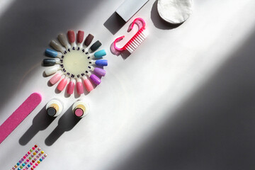 Nail care. set of professional manicure tools. Top view of manicure and pedicure equipment. flat lay