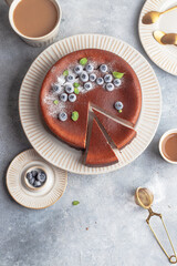 chocolate cottage cheese casserole with blueberry and mint .leaves
