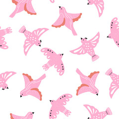Big pink flying dove on a white background seamless pattern. Summer spring time of bright bird
