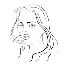 The girl's face with a black line with fingers near the lips. Minimalist drawing. Vector illustration
