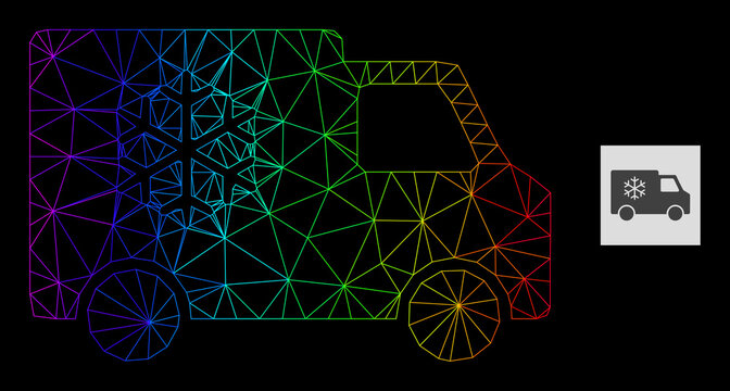 Spectral Gradient Network Refrigerator Car Icon. Geometric Frame Flat Network Is Based On Refrigerator Car Icon, Generated With Polygonal Mesh Network, With Spectrum Gradient.