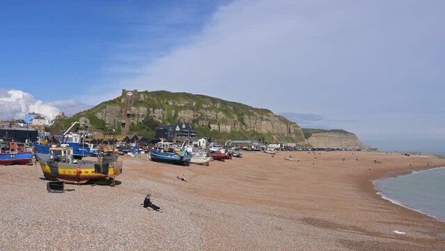 Footage of the fishing boat fleet on Stade beach in Hasting East Sussex this is the largest land based fishing fleet in Europe.