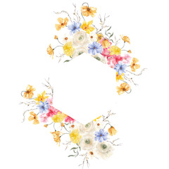 Watercolor spring bouquet with blooming branch and leaves, isolated on white background