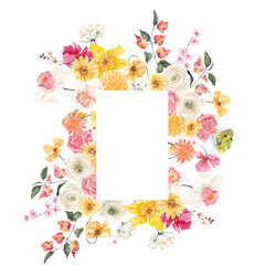 Watercolor spring bouquet with blooming branch and leaves, isolated on white background