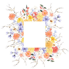 Watercolor spring bouquet with blooming branch and leaves, isolated on white background