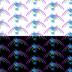 Fototapeta na wymiar Rainbow seamless pattern. Dove, Peace symbol silhouette, hand drawn minimalist sky arch, lilac yellow neon colors, blue gradient. White or black editable background. Vector