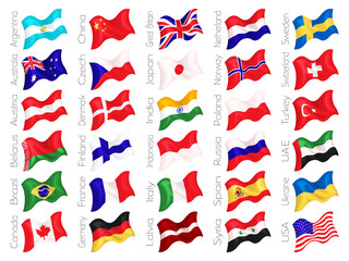 Set of waving flags of countries of the world. Isolated on white. Vector illustration