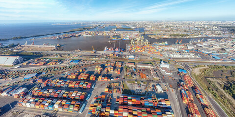 Large panoramic aerial view on sea port with cargo containers in Saint Petersburg, Russia